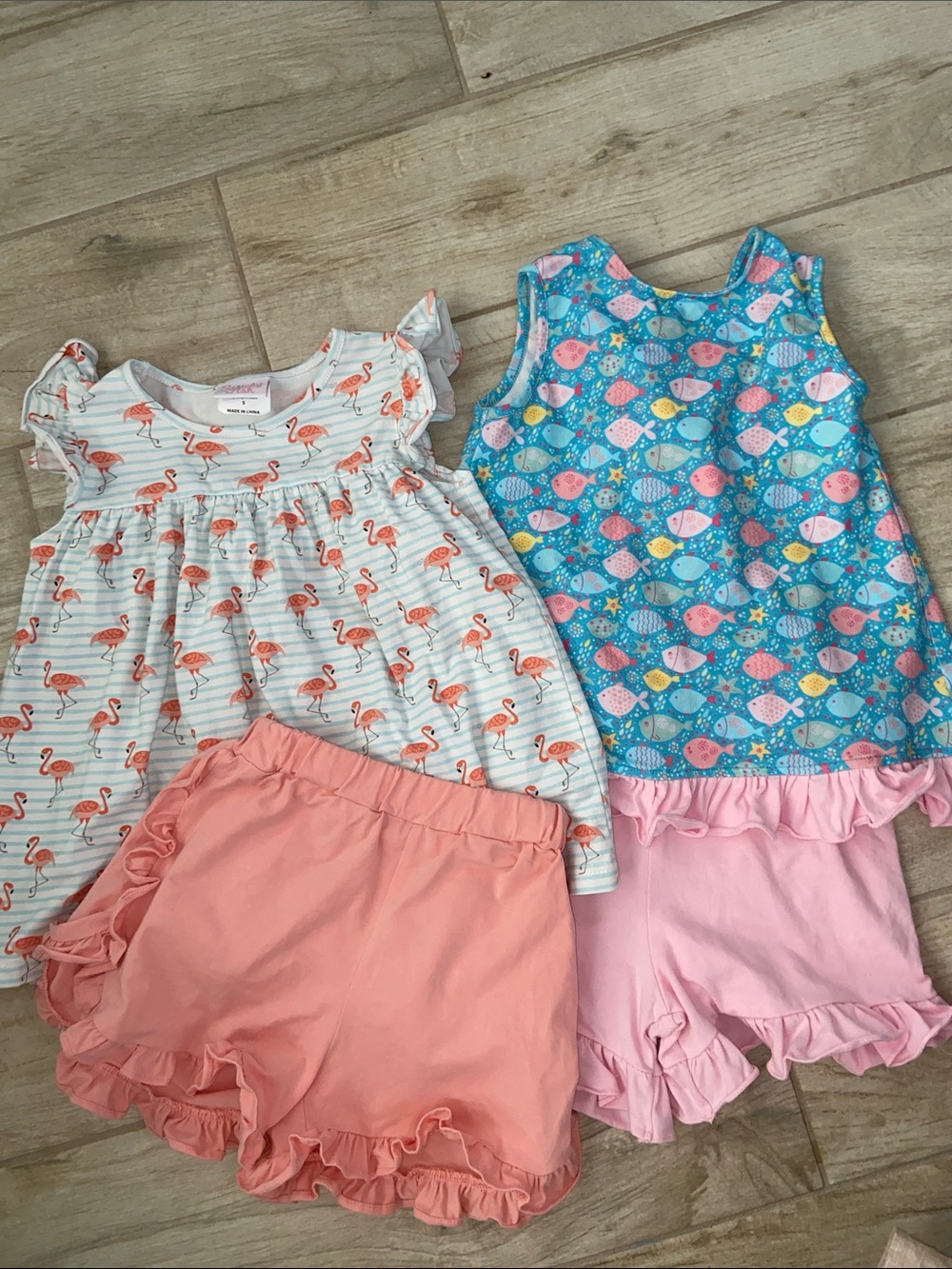 Stitchy Fish Girls 5T Outfit Sets Pink Flamingo Fish Shorts Set - Pink & Aqua